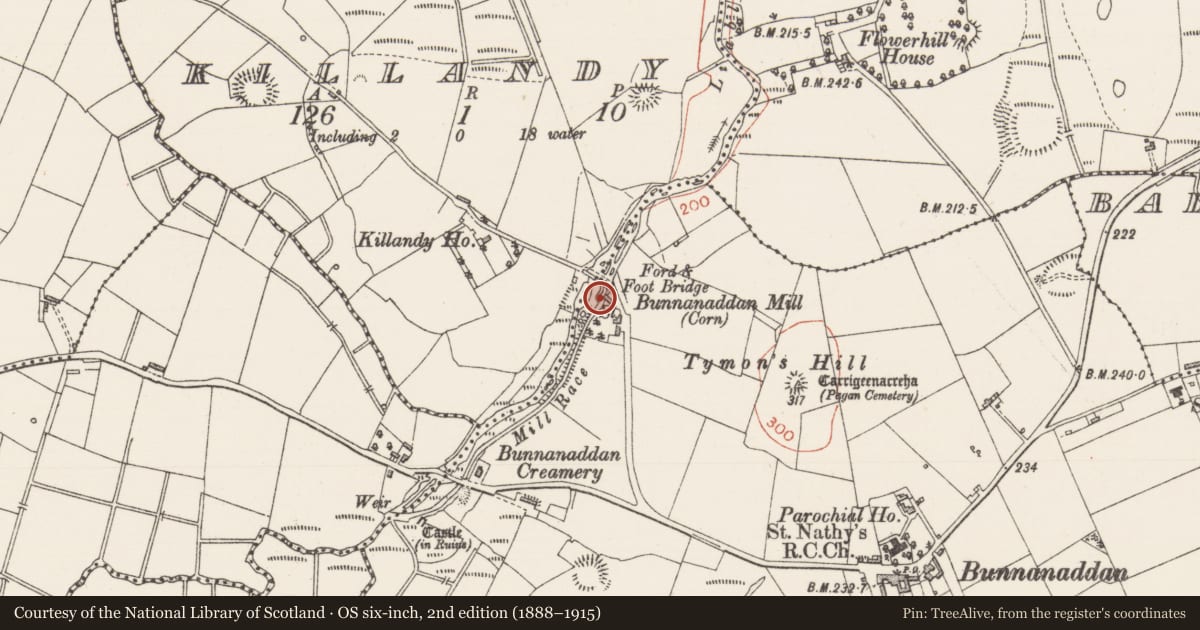 Ordnance Survey six-inch map, 2nd edition (1888–1915) covering the location of Mill - corn, Ballynaraw South, County Sligo, with a pin at the register's coordinates