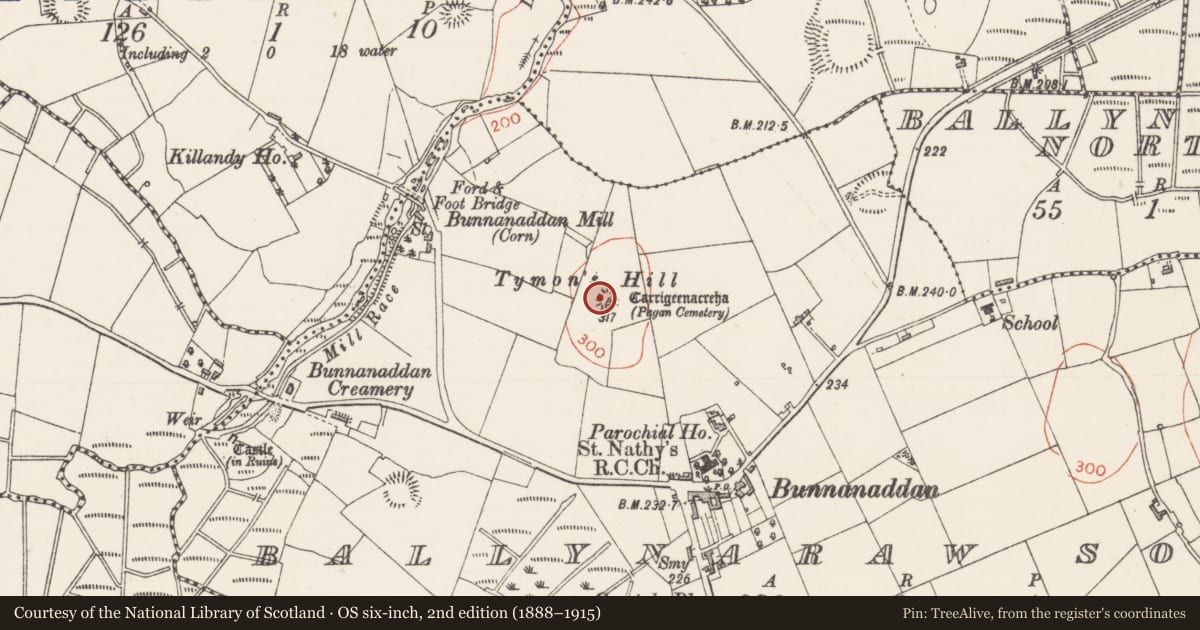 Ordnance Survey six-inch map, 2nd edition (1888–1915) covering the location of Barrow - mound barrow, Ballynaraw South, County Sligo, with a pin at the register's coordinates
