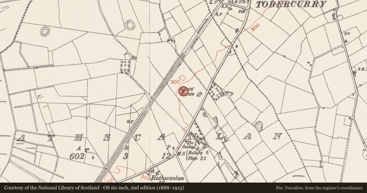 Ordnance Survey six-inch map, 2nd edition (1888–1915) covering the location of Megalithic tomb - court tomb, Rathscanlan, County Sligo, with a pin at the register's coordinates