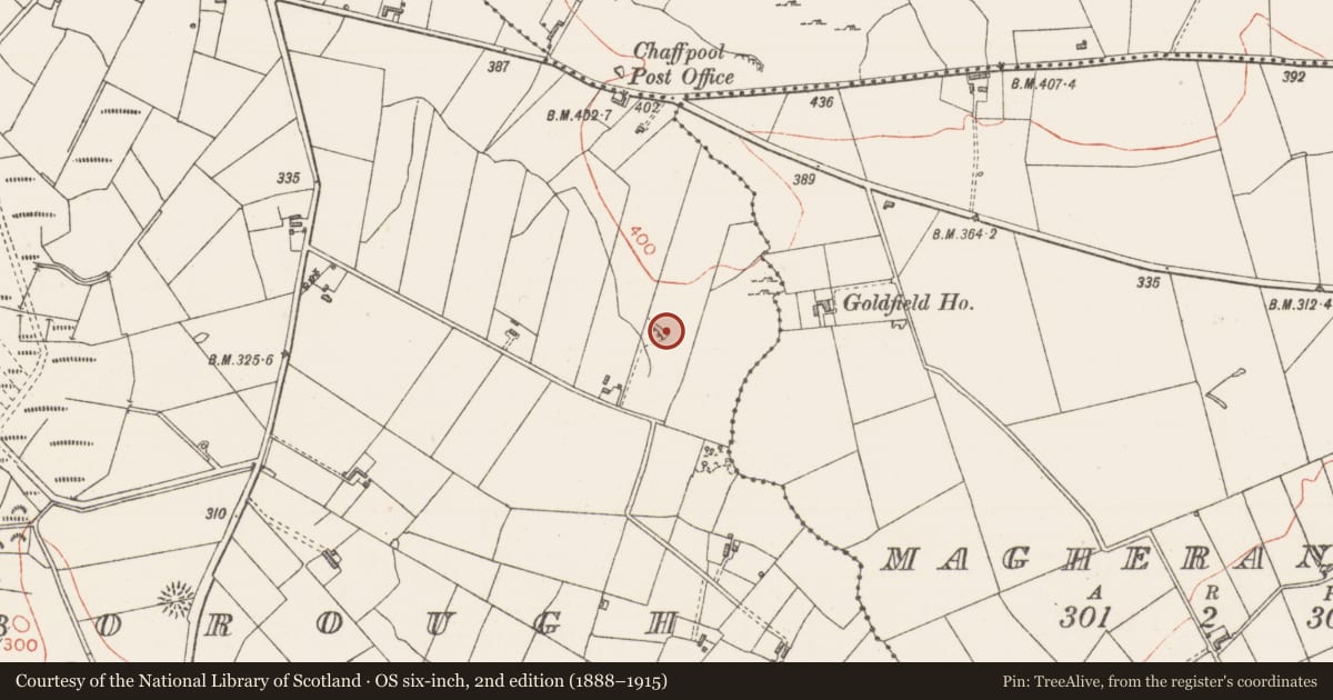 Ordnance Survey six-inch map, 2nd edition (1888–1915) covering the location of Ringfort - rath, Powellsborough, County Sligo, with a pin at the register's coordinates