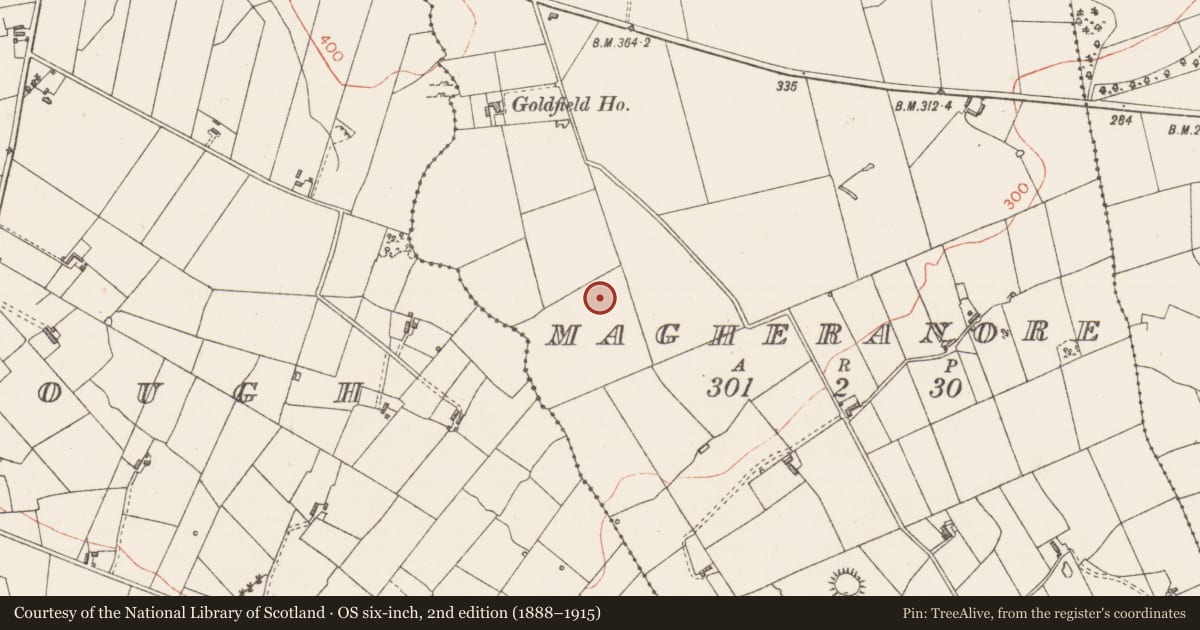 Ordnance Survey six-inch map, 2nd edition (1888–1915) covering the location of Enclosure, Magheranore, County Sligo, with a pin at the register's coordinates