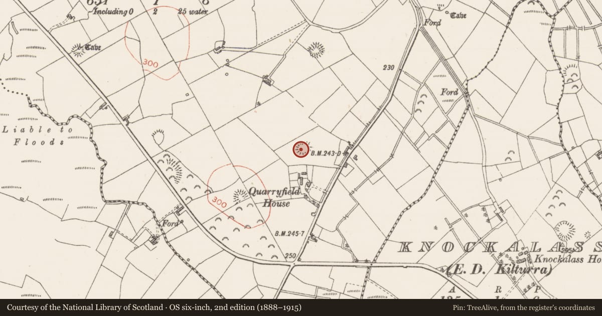 Ordnance Survey six-inch map, 2nd edition (1888–1915) covering the location of Ringfort - rath, Quarryfield, County Sligo, with a pin at the register's coordinates