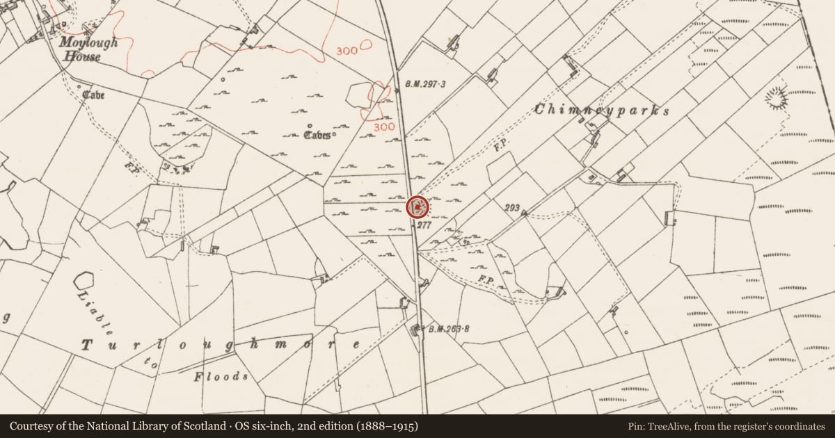Ordnance Survey six-inch map, 2nd edition (1888–1915) covering the location of Ringfort - cashel, Moylough, County Sligo, with a pin at the register's coordinates