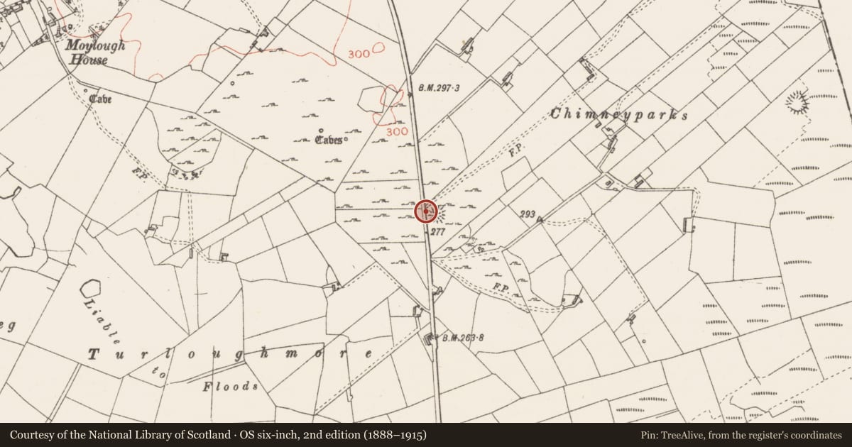 Ordnance Survey six-inch map, 2nd edition (1888–1915) covering the location of Hut site, Moylough, County Sligo, with a pin at the register's coordinates