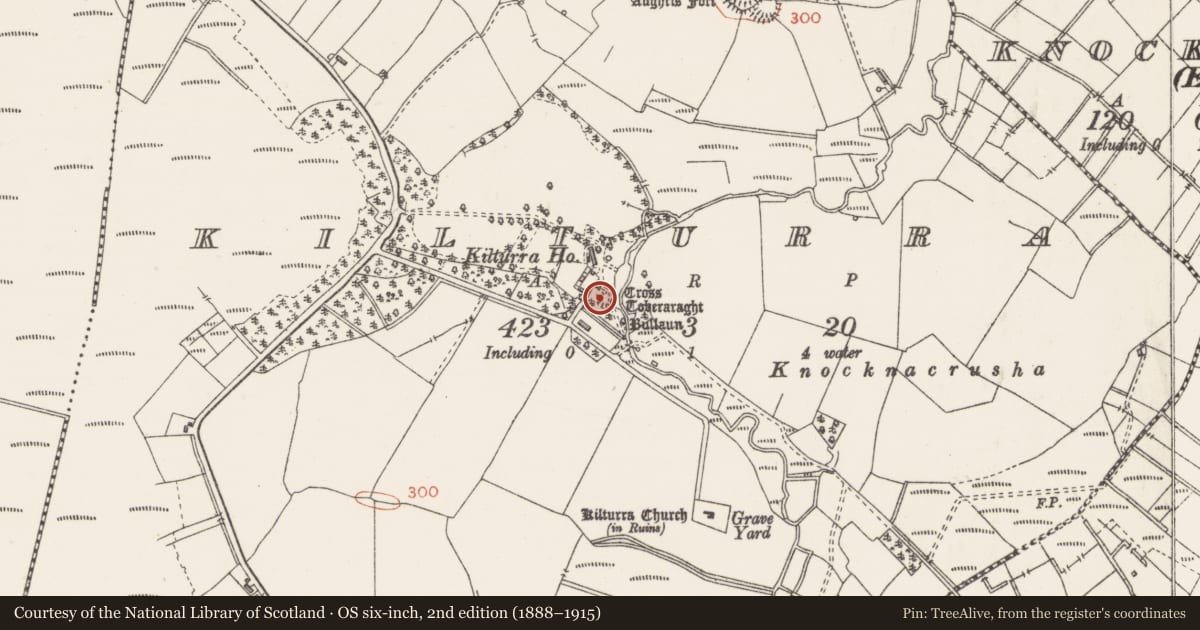 Ordnance Survey six-inch map, 2nd edition (1888–1915) covering the location of Barrow - stepped barrow, Kilturra, County Sligo, with a pin at the register's coordinates