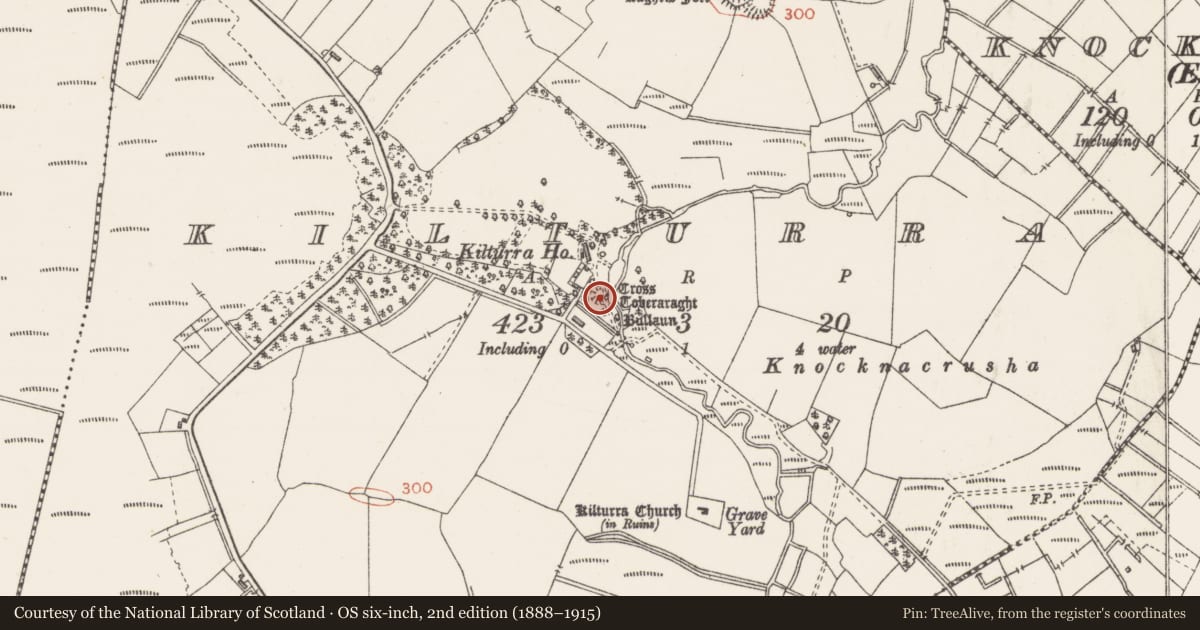 Ordnance Survey six-inch map, 2nd edition (1888–1915) covering the location of Ritual site - holy well, Kilturra, County Sligo, with a pin at the register's coordinates