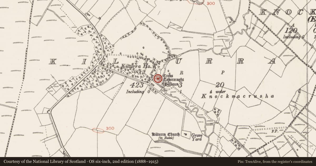 Ordnance Survey six-inch map, 2nd edition (1888–1915) covering the location of Cross-inscribed pillar, Kilturra, County Sligo, with a pin at the register's coordinates