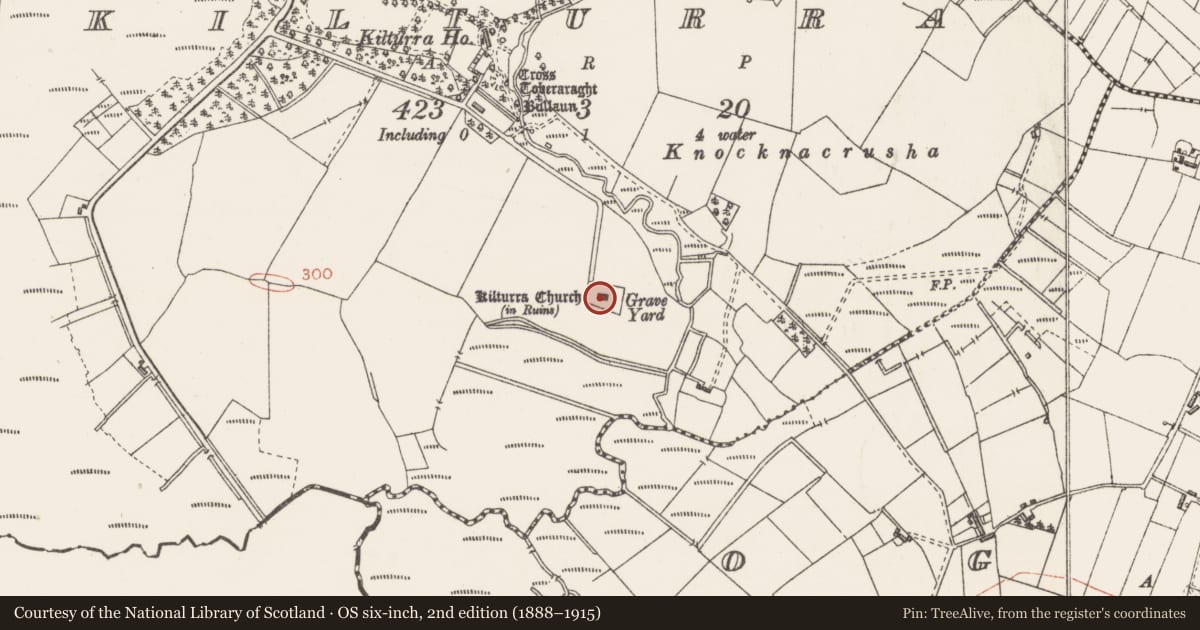 Ordnance Survey six-inch map, 2nd edition (1888–1915) covering the location of Church, Kilturra, County Sligo, with a pin at the register's coordinates