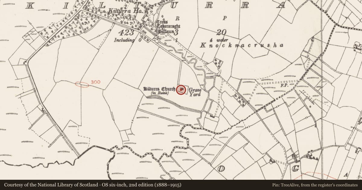 Ordnance Survey six-inch map, 2nd edition (1888–1915) covering the location of Graveyard, Kilturra, County Sligo, with a pin at the register's coordinates
