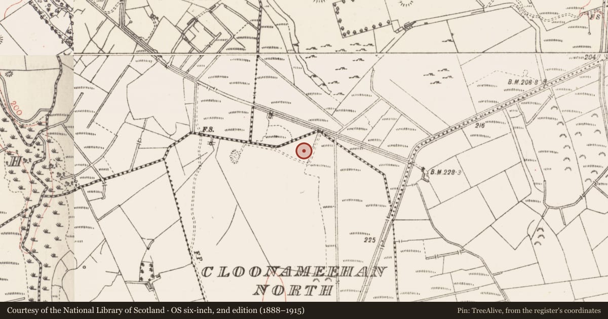 Ordnance Survey six-inch map, 2nd edition (1888–1915) covering the location of Enclosure, Cloonameehan North, County Sligo, with a pin at the register's coordinates