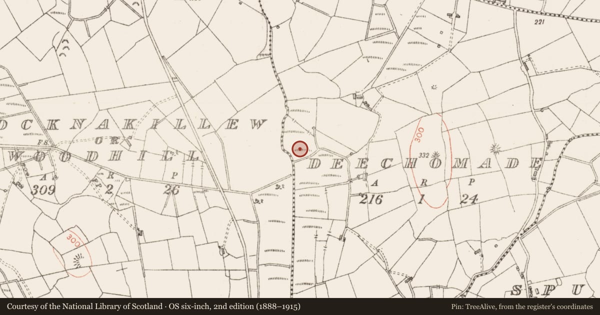 Ordnance Survey six-inch map, 2nd edition (1888–1915) covering the location of Fulacht fia, Deechomade, County Sligo, with a pin at the register's coordinates