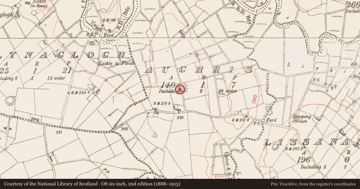 Ordnance Survey six-inch map, 2nd edition (1888–1915) covering the location of Ringfort - rath, Aughris, County Sligo, with a pin at the register's coordinates