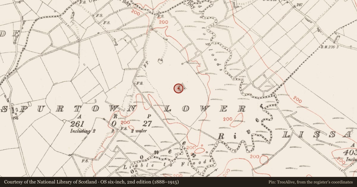 Ordnance Survey six-inch map, 2nd edition (1888–1915) covering the location of Moated site, Spurtown Lower, County Sligo, with a pin at the register's coordinates