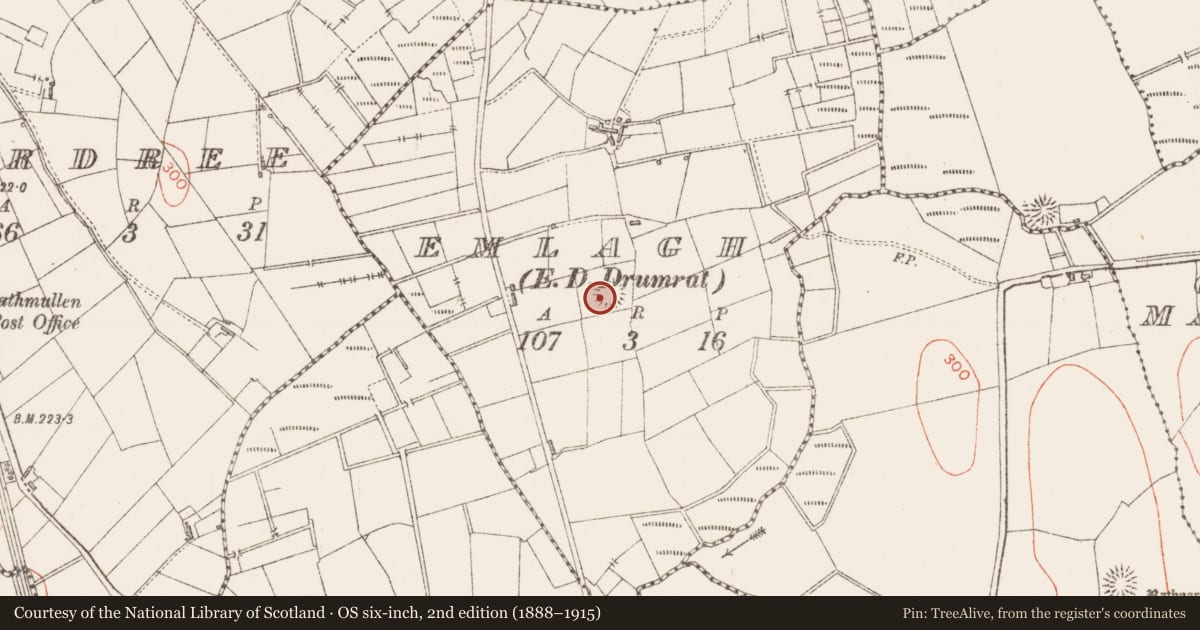 Ordnance Survey six-inch map, 2nd edition (1888–1915) covering the location of Ringfort - rath, Emlagh, County Sligo, with a pin at the register's coordinates