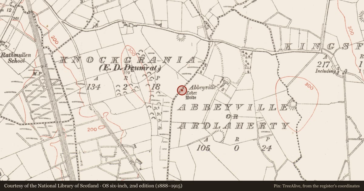 Ordnance Survey six-inch map, 2nd edition (1888–1915) covering the location of Ritual site - holy well, Abbeyville Or Ardlaherty, County Sligo, with a pin at the register's coordinates