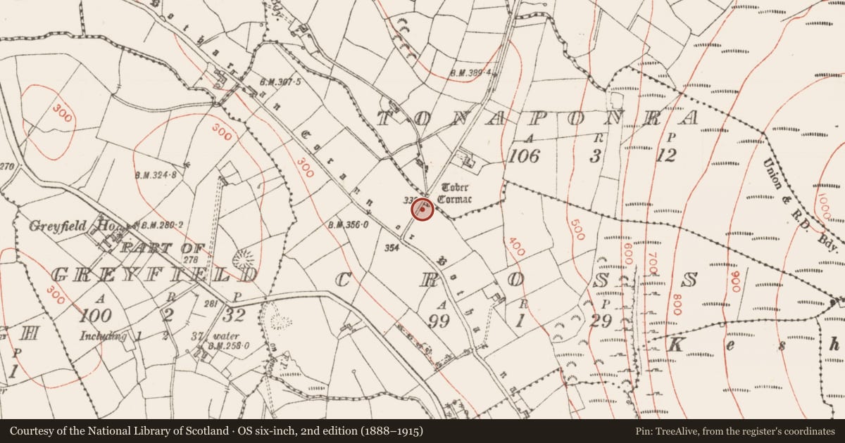 Ordnance Survey six-inch map, 2nd edition (1888–1915) covering the location of Ritual site - holy well, Cross, County Sligo, with a pin at the register's coordinates