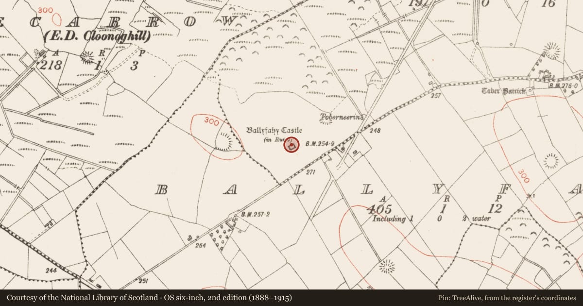 Ordnance Survey six-inch map, 2nd edition (1888–1915) covering the location of Castle - unclassified, Carrowloughlin, County Sligo, with a pin at the register's coordinates