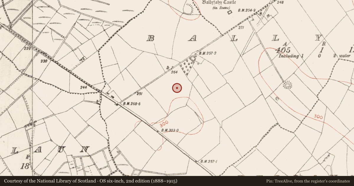 Ordnance Survey six-inch map, 2nd edition (1888–1915) covering the location of Barrow - ring-barrow, Ballyfahy, County Sligo, with a pin at the register's coordinates