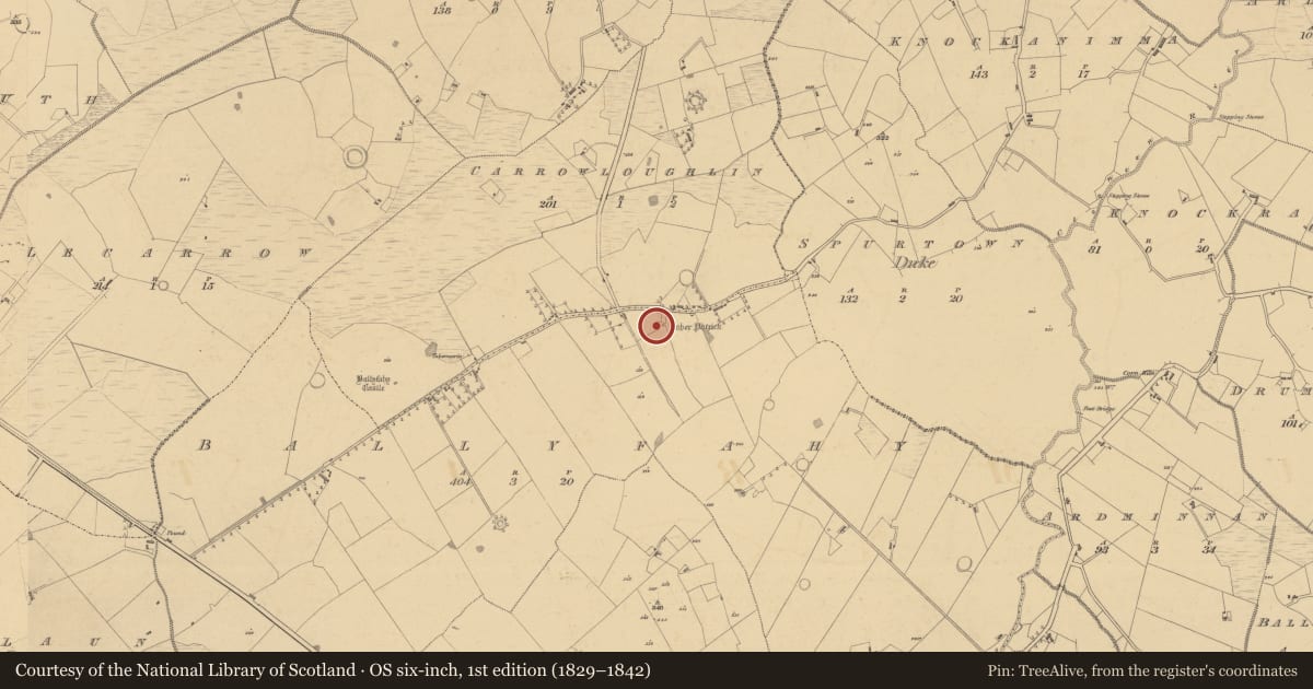 Ordnance Survey six-inch map, 1st edition (1829–1842) covering the location of Ritual site - holy well, Ballyfahy, County Sligo, with a pin at the register's coordinates
