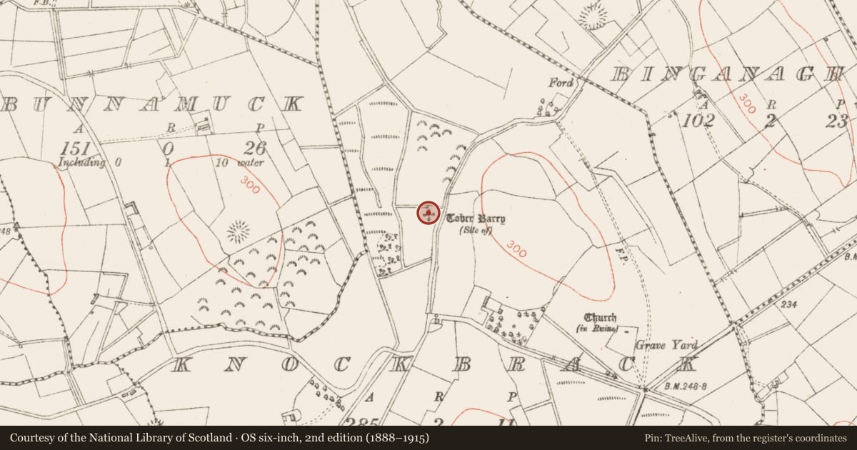 Ordnance Survey six-inch map, 2nd edition (1888–1915) covering the location of Ritual site - holy well, Knockbrack, County Sligo, with a pin at the register's coordinates