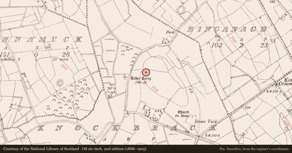 Ordnance Survey six-inch map, 2nd edition (1888–1915) covering the location of Barrow - mound barrow, Knockbrack, County Sligo, with a pin at the register's coordinates