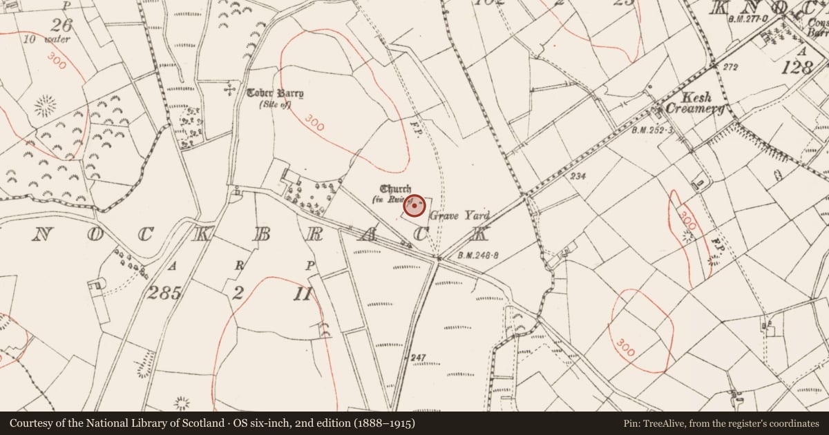 Ordnance Survey six-inch map, 2nd edition (1888–1915) covering the location of Church, Knockbrack, County Sligo, with a pin at the register's coordinates