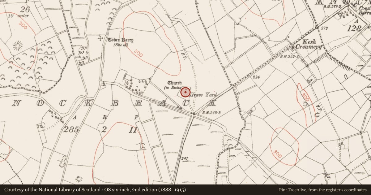 Ordnance Survey six-inch map, 2nd edition (1888–1915) covering the location of Cross-slab, Knockbrack, County Sligo, with a pin at the register's coordinates