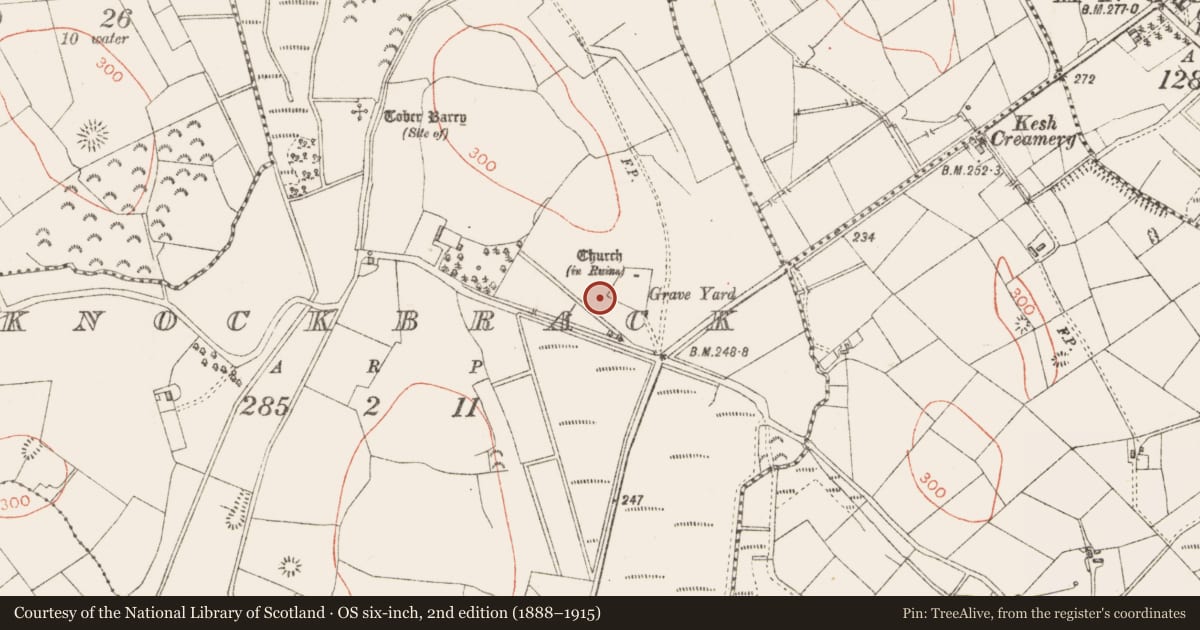 Ordnance Survey six-inch map, 2nd edition (1888–1915) covering the location of Bullaun stone, Knockbrack, County Sligo, with a pin at the register's coordinates