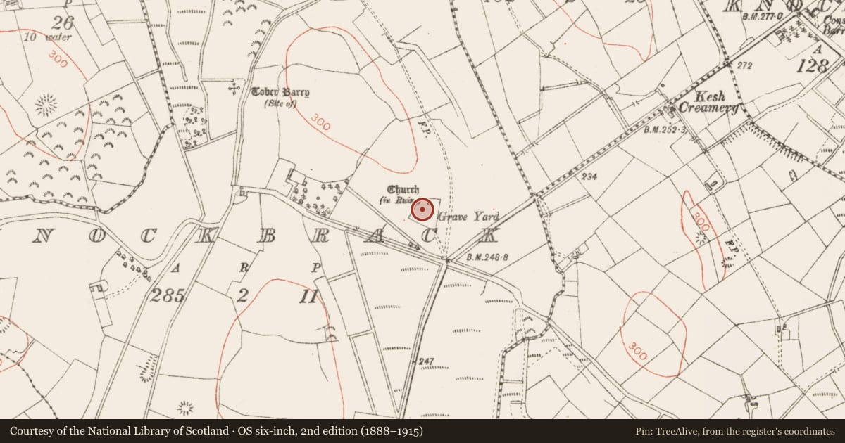 Ordnance Survey six-inch map, 2nd edition (1888–1915) covering the location of Cross-slab, Knockbrack, County Sligo, with a pin at the register's coordinates