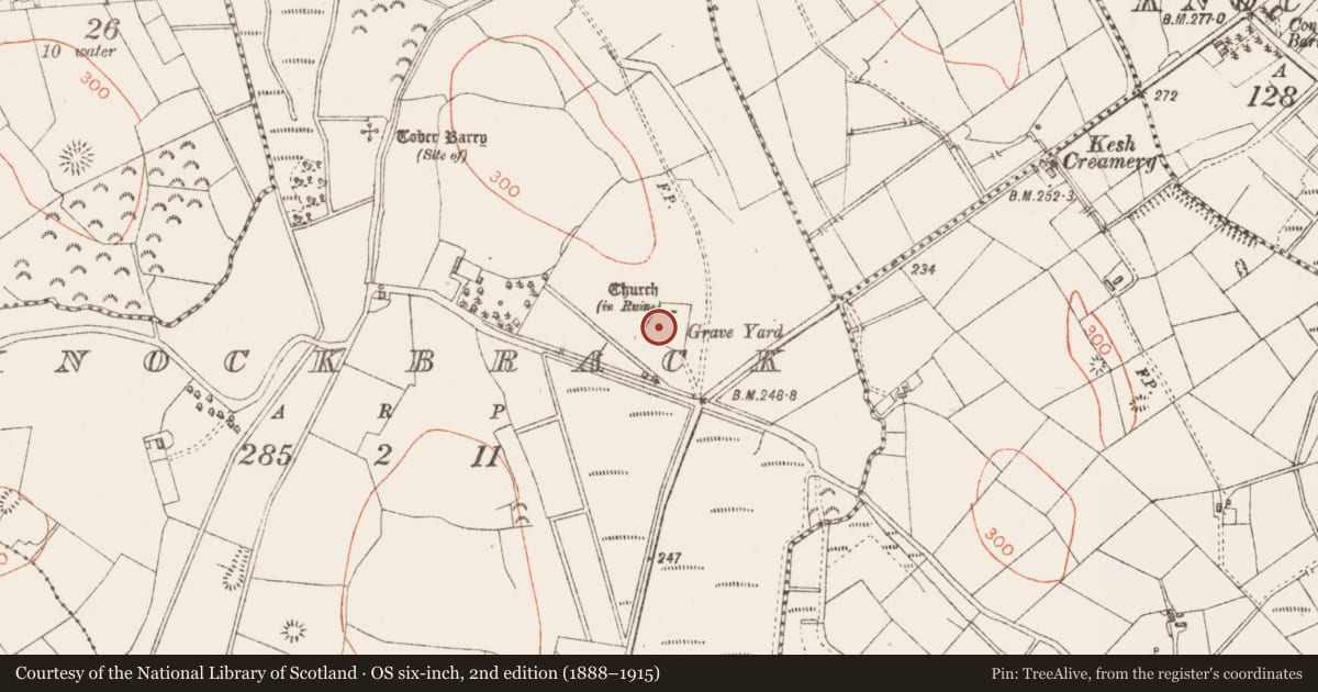 Ordnance Survey six-inch map, 2nd edition (1888–1915) covering the location of Cross-inscribed pillar, Knockbrack, County Sligo, with a pin at the register's coordinates