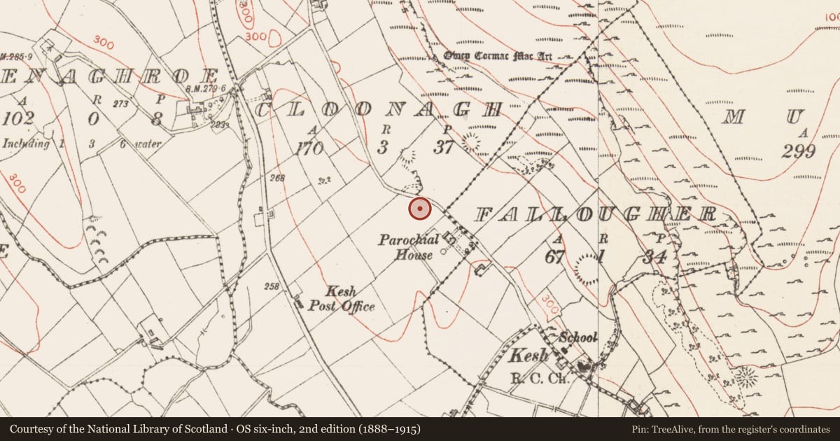 Ordnance Survey six-inch map, 2nd edition (1888–1915) covering the location of Barrow - mound barrow, Cloonagh, County Sligo, with a pin at the register's coordinates
