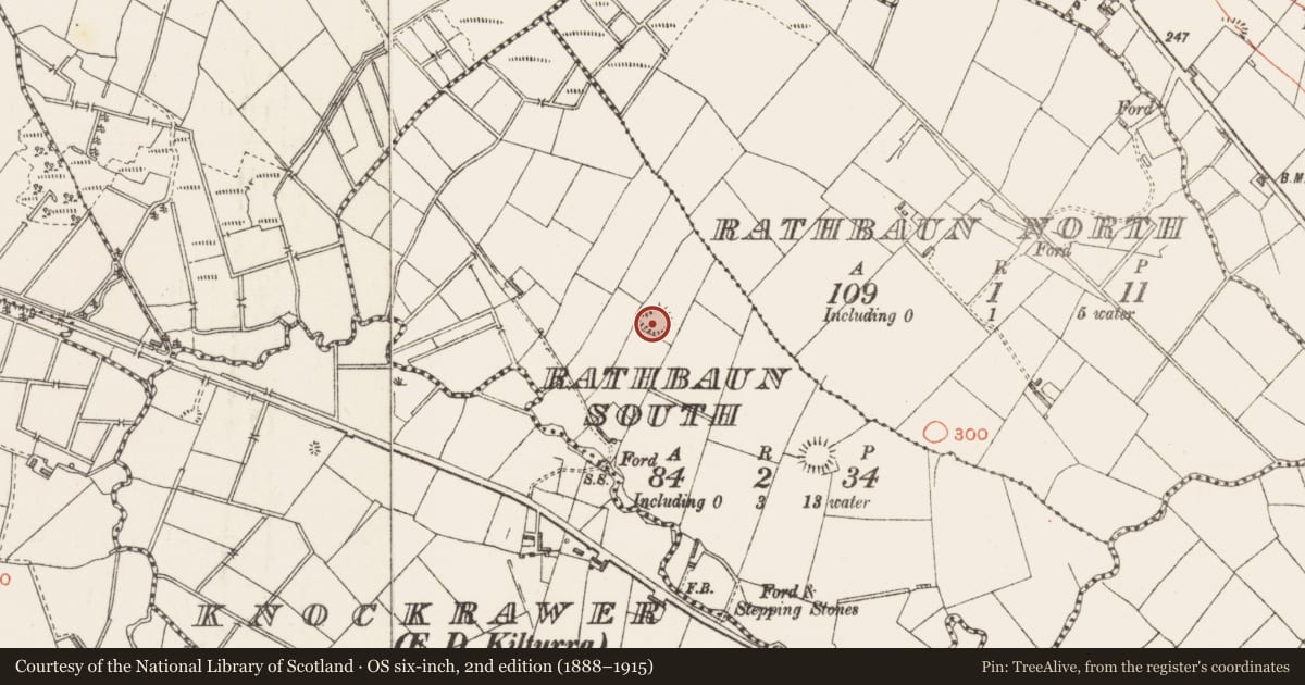 Ordnance Survey six-inch map, 2nd edition (1888–1915) covering the location of Ringfort - rath, Rathbaun South, County Sligo, with a pin at the register's coordinates