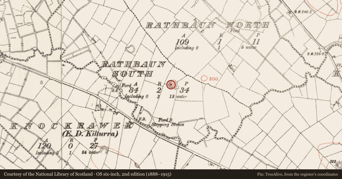 Ordnance Survey six-inch map, 2nd edition (1888–1915) covering the location of Ringfort - rath, Rathbaun South, County Sligo, with a pin at the register's coordinates