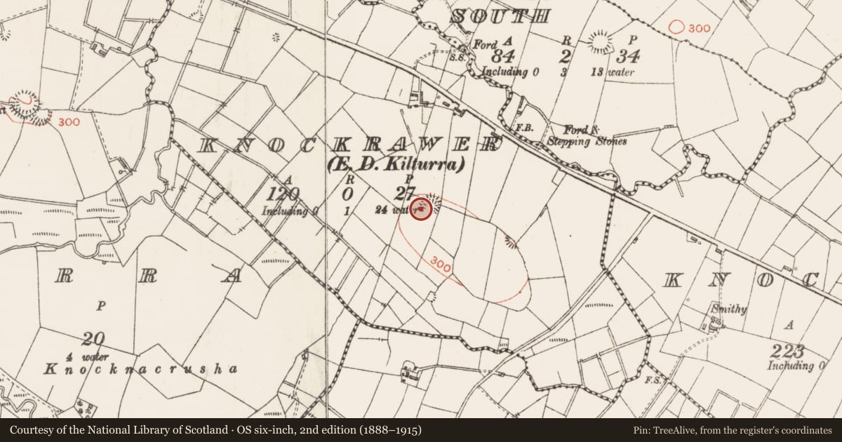 Ordnance Survey six-inch map, 2nd edition (1888–1915) covering the location of Enclosure, Knockrawer, County Sligo, with a pin at the register's coordinates