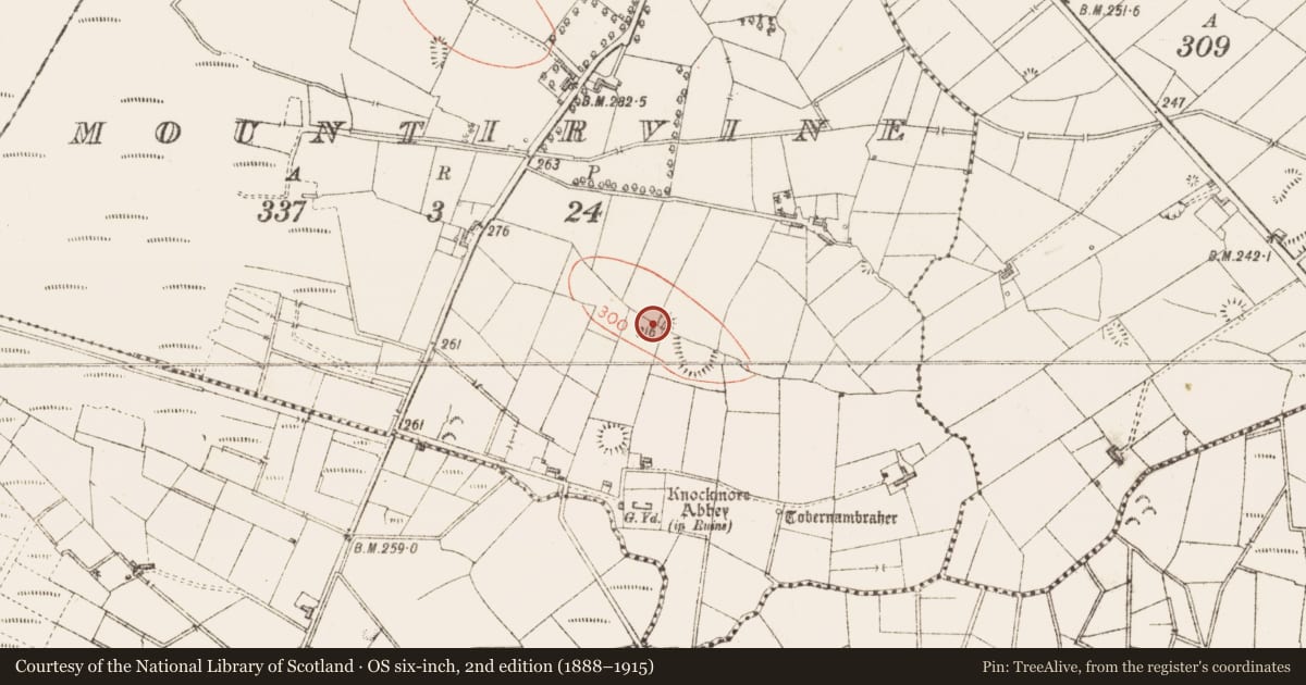 Ordnance Survey six-inch map, 2nd edition (1888–1915) covering the location of Barrow - mound barrow, Mountirvine, County Sligo, with a pin at the register's coordinates