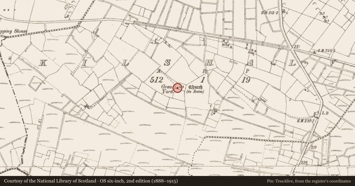 Ordnance Survey six-inch map, 2nd edition (1888–1915) covering the location of Church, Kilshalvy, County Sligo, with a pin at the register's coordinates