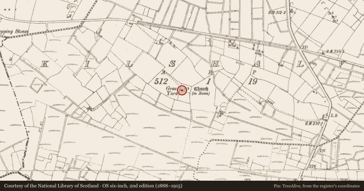 Ordnance Survey six-inch map, 2nd edition (1888–1915) covering the location of Graveyard, Kilshalvy, County Sligo, with a pin at the register's coordinates