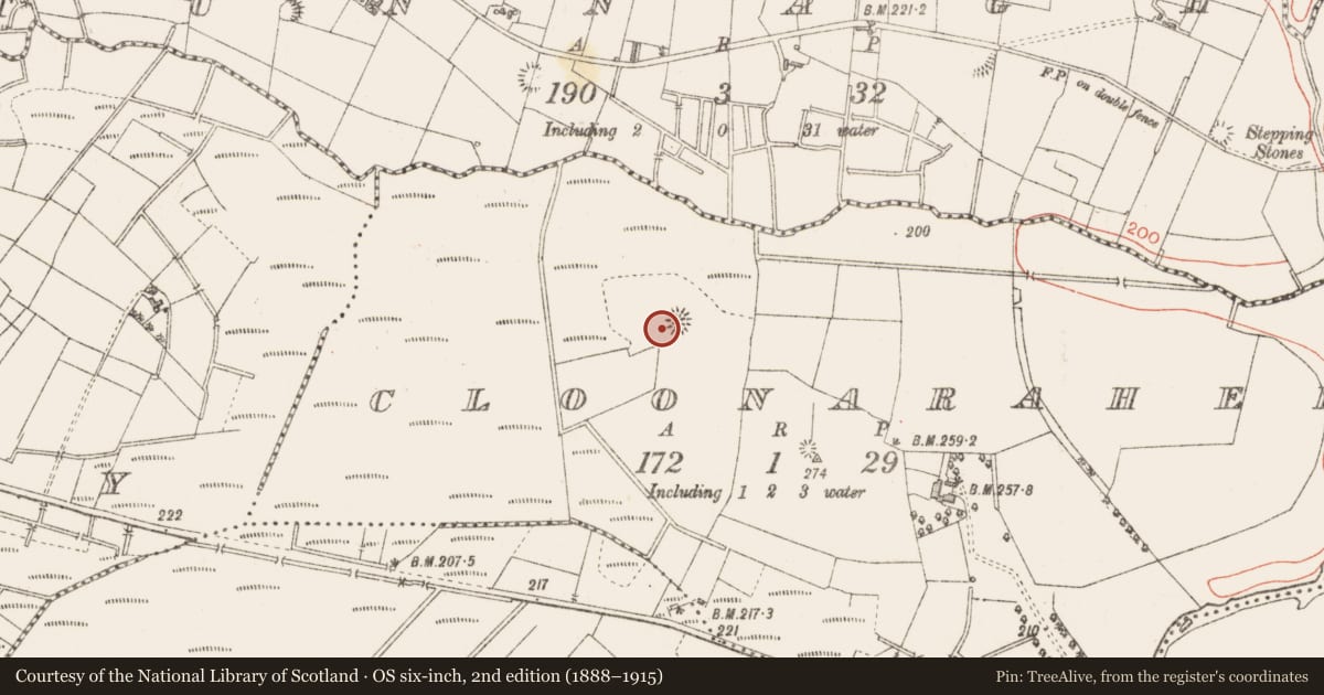 Ordnance Survey six-inch map, 2nd edition (1888–1915) covering the location of Enclosure, Cloonaraher, County Sligo, with a pin at the register's coordinates