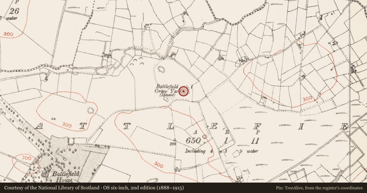 Ordnance Survey six-inch map, 2nd edition (1888–1915) covering the location of Church, Battlefield, County Sligo, with a pin at the register's coordinates
