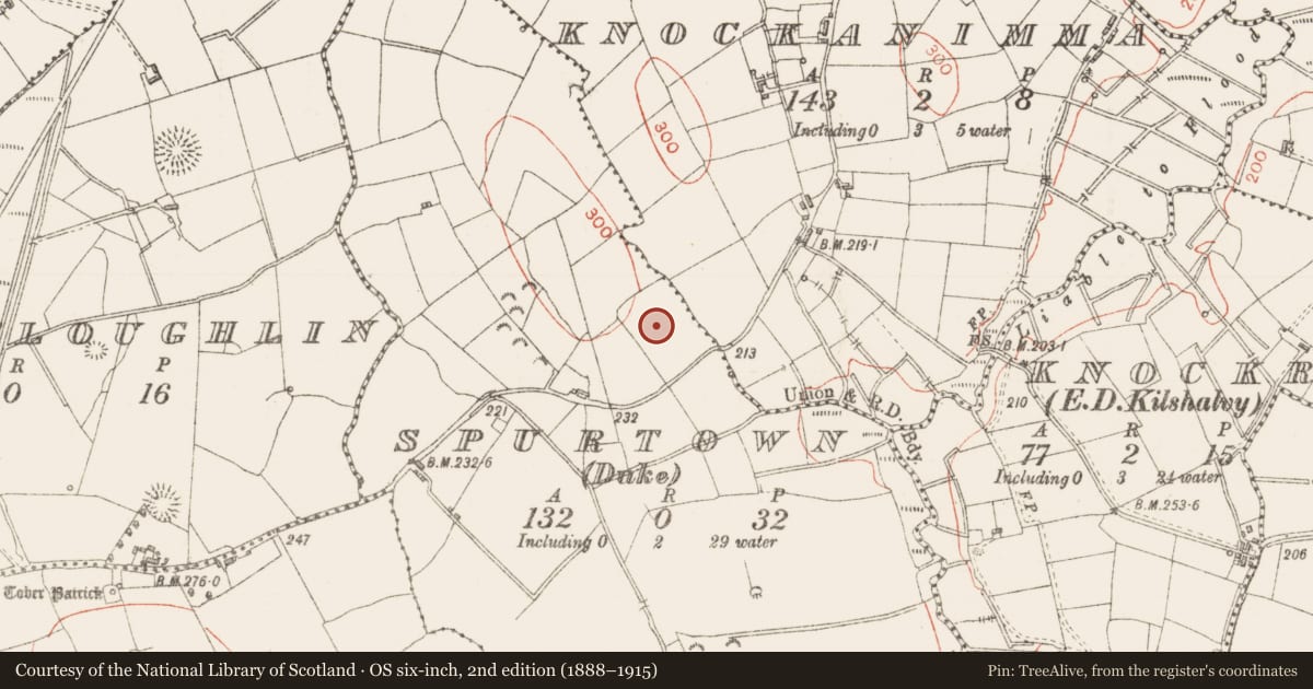 Ordnance Survey six-inch map, 2nd edition (1888–1915) covering the location of Souterrain, Spurtown (Duke), County Sligo, with a pin at the register's coordinates