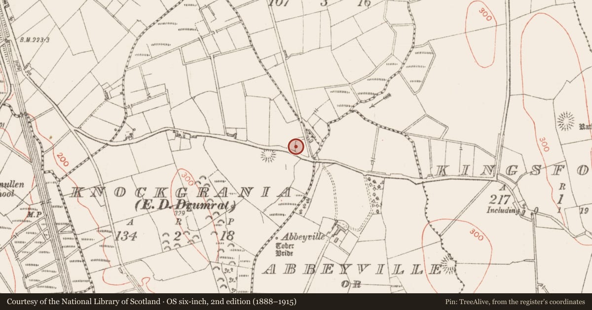 Ordnance Survey six-inch map, 2nd edition (1888–1915) covering the location of Moated site, Knockgrania, County Sligo, with a pin at the register's coordinates