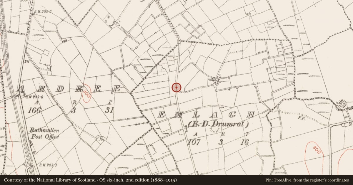 Ordnance Survey six-inch map, 2nd edition (1888–1915) covering the location of Fulacht fia, Emlagh, County Sligo, with a pin at the register's coordinates