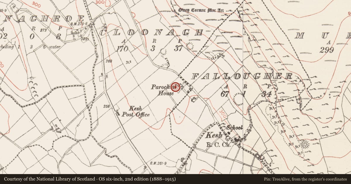 Ordnance Survey six-inch map, 2nd edition (1888–1915) covering the location of Cross-slab (present location), Cloonagh, County Sligo, with a pin at the register's coordinates