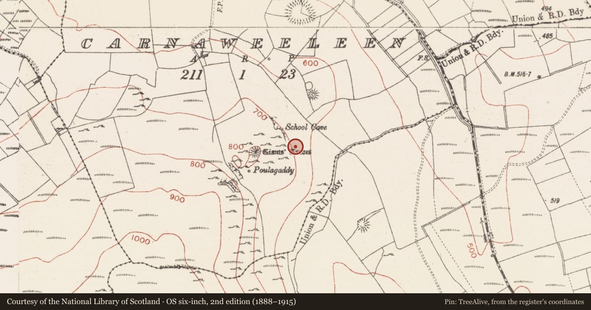 Ordnance Survey six-inch map, 2nd edition (1888–1915) covering the location of Hut site, Carnaweeleen, County Sligo, with a pin at the register's coordinates