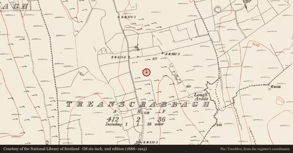 Ordnance Survey six-inch map, 2nd edition (1888–1915) covering the location of Quarry, Treanscrabbagh, County Sligo, with a pin at the register's coordinates