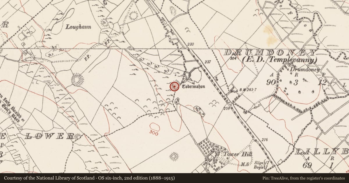 Ordnance Survey six-inch map, 2nd edition (1888–1915) covering the location of Enclosure, Cloghoge Lower, County Sligo, with a pin at the register's coordinates