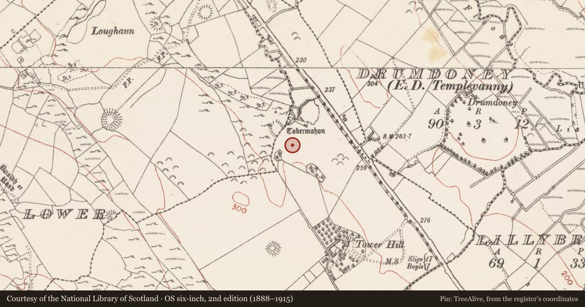 Ordnance Survey six-inch map, 2nd edition (1888–1915) covering the location of Fulacht fia, Carrowkeel, County Sligo, with a pin at the register's coordinates