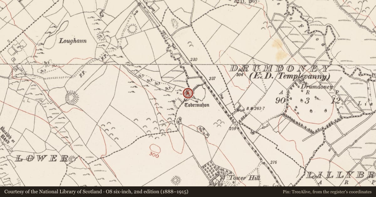 Ordnance Survey six-inch map, 2nd edition (1888–1915) covering the location of Fulacht fia, Carrowkeel, County Sligo, with a pin at the register's coordinates