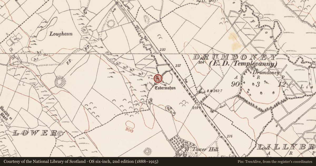 Ordnance Survey six-inch map, 2nd edition (1888–1915) covering the location of Burnt mound, Carrowkeel, County Sligo, with a pin at the register's coordinates