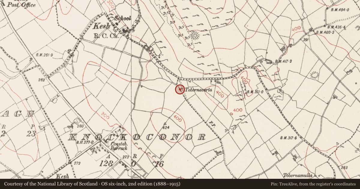 Ordnance Survey six-inch map, 2nd edition (1888–1915) covering the location of Ritual site - holy well, Toomour, County Sligo, with a pin at the register's coordinates